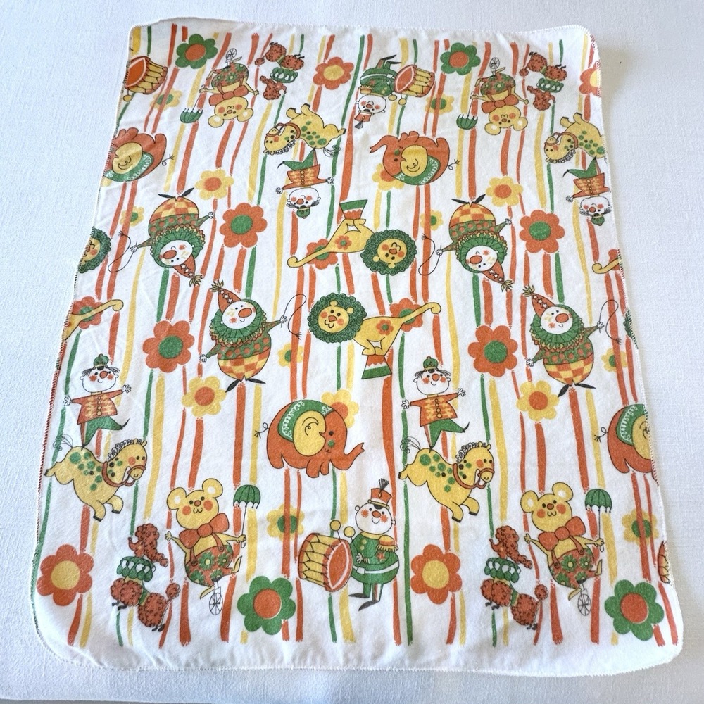 Vintage 1970s Receiving Baby Blanket Retro Orange Yellow Green Circus RARE